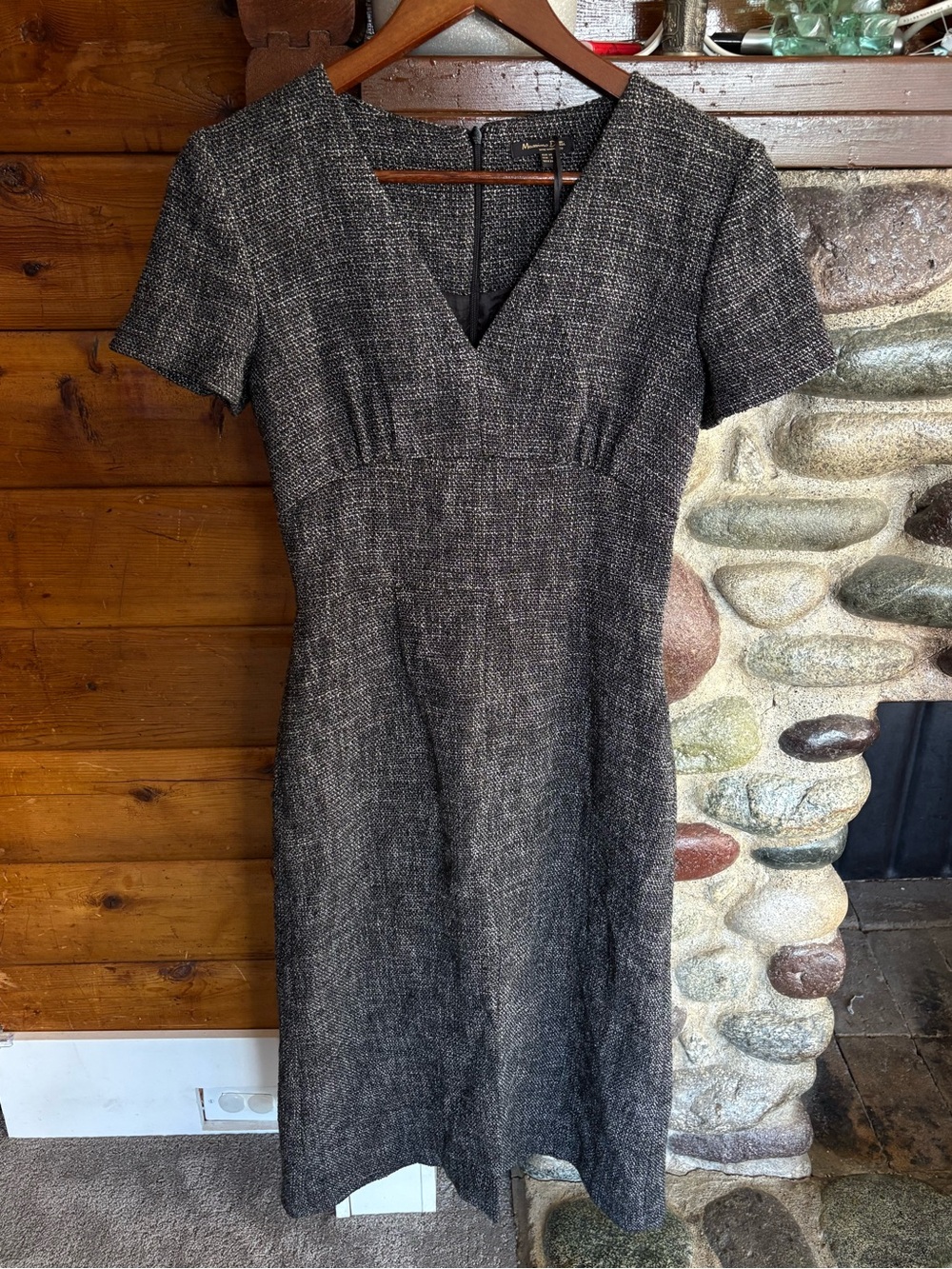 Massimo Dutti Wool Blend Tweed Midi Dress Black Ivory charcoal Size 4